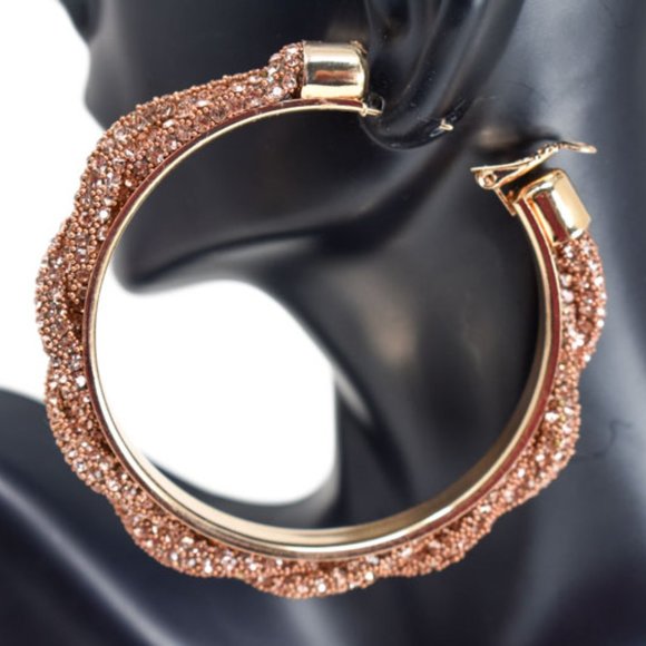 3" Braid Twist Champagne Rhinestone Hoop Earrings - Picture 4 of 12